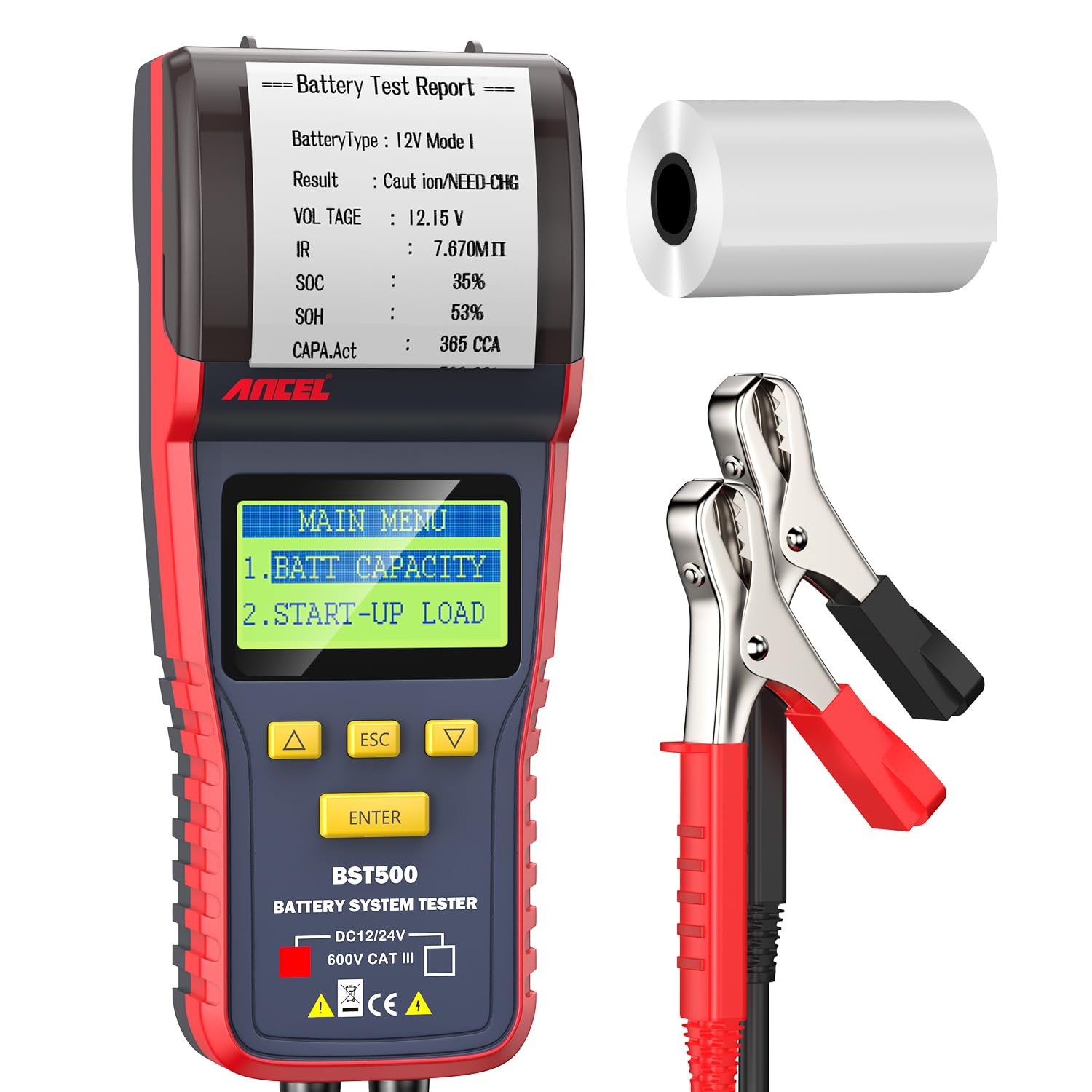 ANCEL BST500 12V/24V 100-2000 CCA Automotive Battery Load Tester, Car Cranking and Charging System Analyzer Scan Tool with Printer for Heavy Duty Trucks, Cars, Motorcycles and More