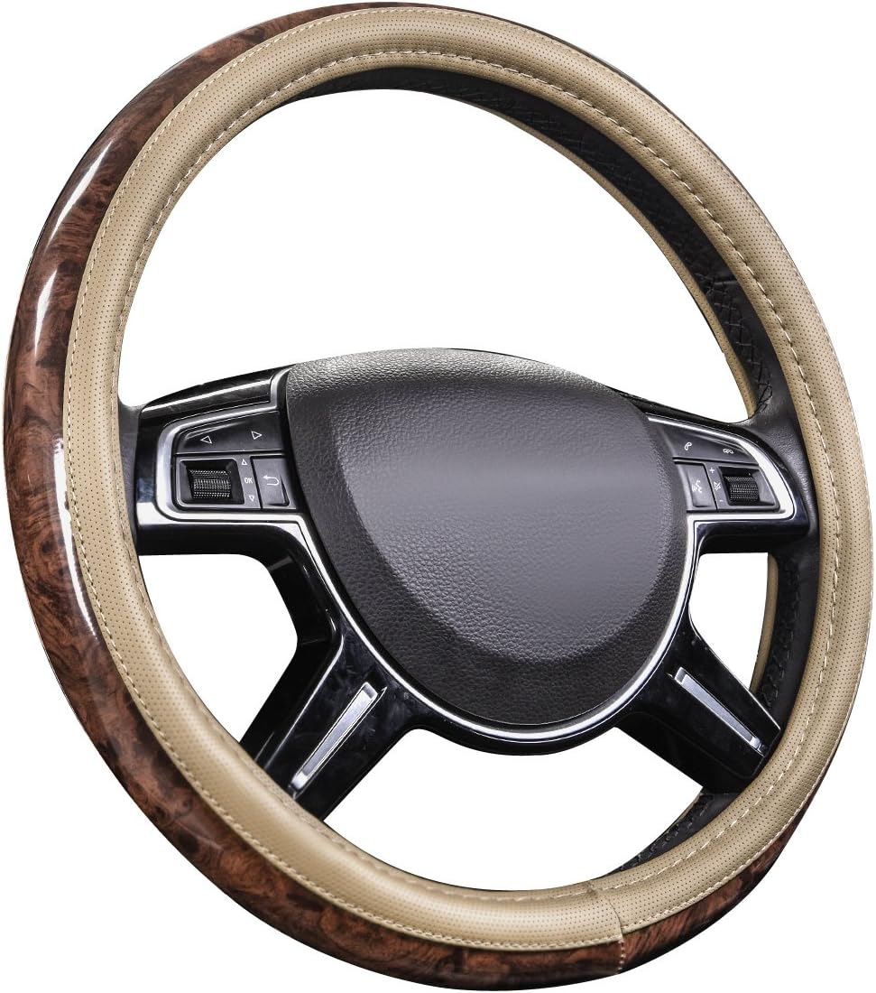CAR Pass Universal Fit Full Wood Grain Leather Steering Wheel Covers Fit for Suvs,Trucks,Sedans, Anti-Slip Design (Beige)