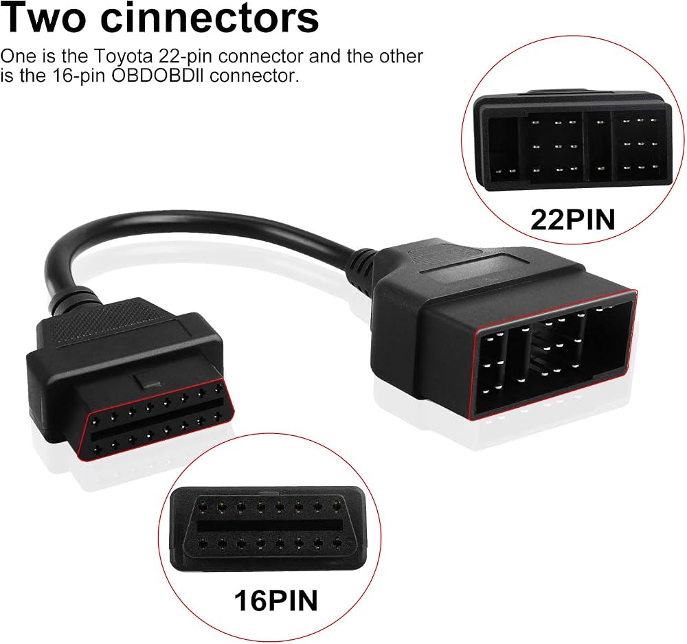 For Toyota 22 Pin OBD1 to 16 Pin OBD2 Convertor Adapter Cable for Diagnostic Scanner Black with Two Connectors