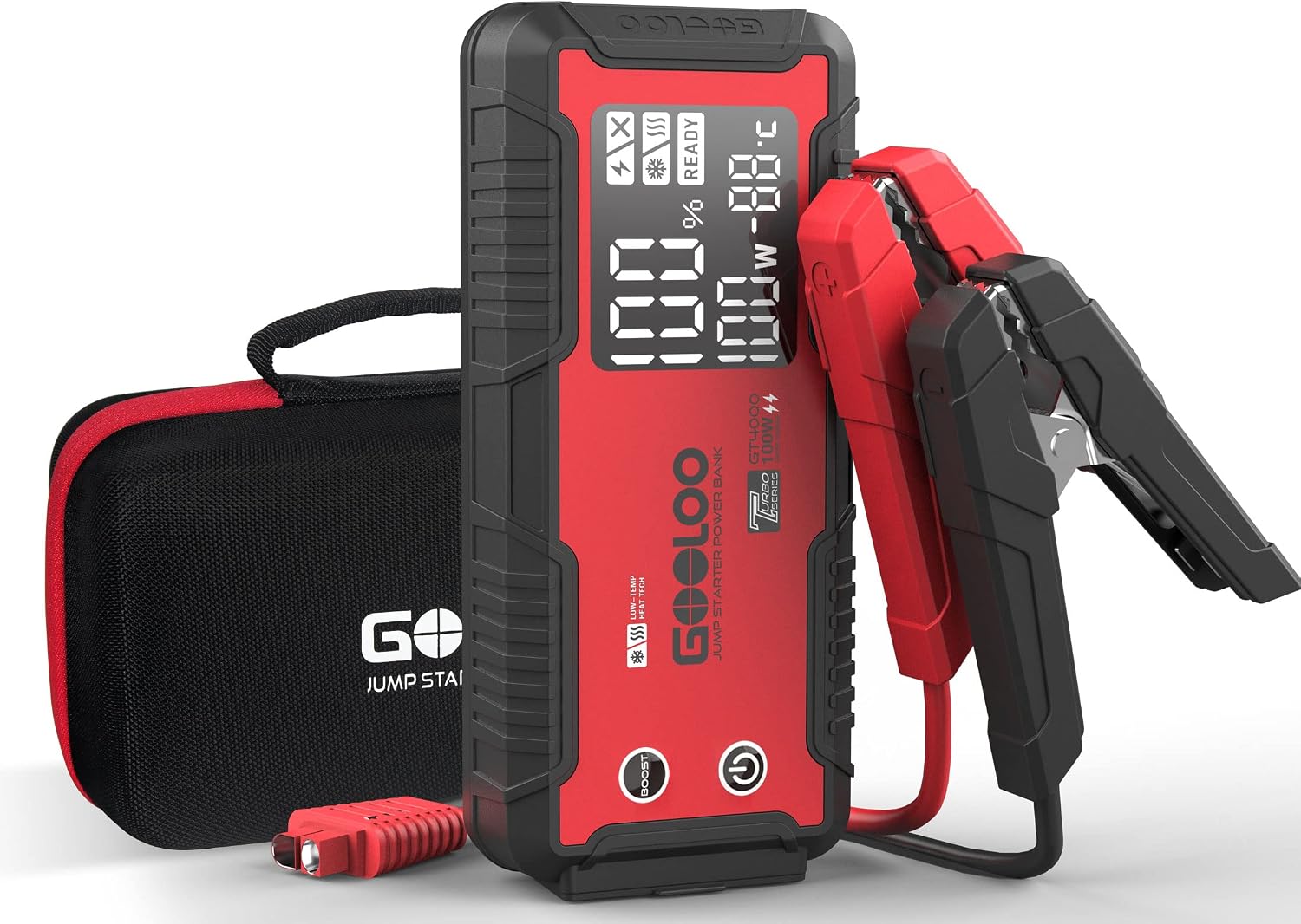 GOOLOO GT4000 Car Jump Starter 4000A 100W Fast-Charging 12V SuperSafe Portable Battery Booster Pack with -40? Pre-Heating Tech, Auto Jump Box Jumper Cables for 10L Diesel and 12L Gas Engine