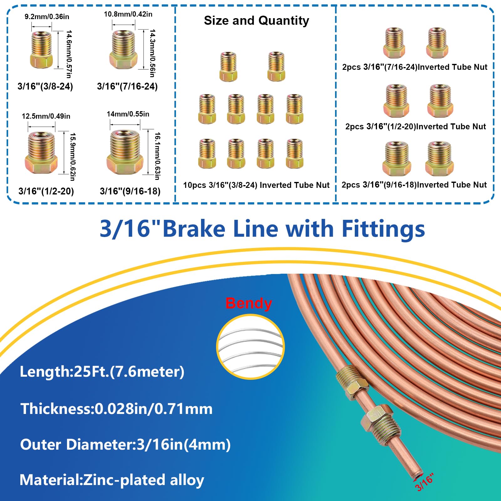 smseace 55Pack 3/16 Inch+1/4 Inch Brake line kit Include 25 FT Copper-Plated Brake Lines with Fitting(32pcs Fittings,4pcs Union+8pcs Nut) Brake line Bender,Single Flare Tool,Cutter