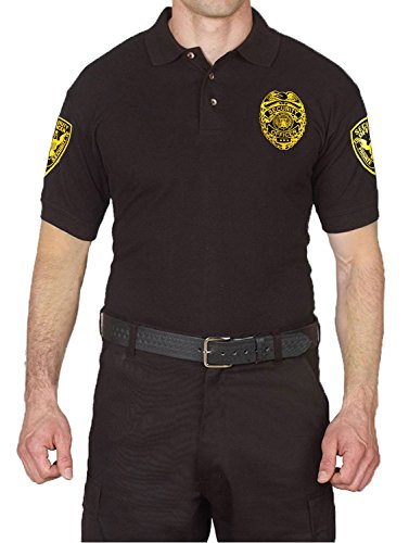 First Class Black Poly Cotton Security Polo Shirts, Short Sleeve Gold, Large