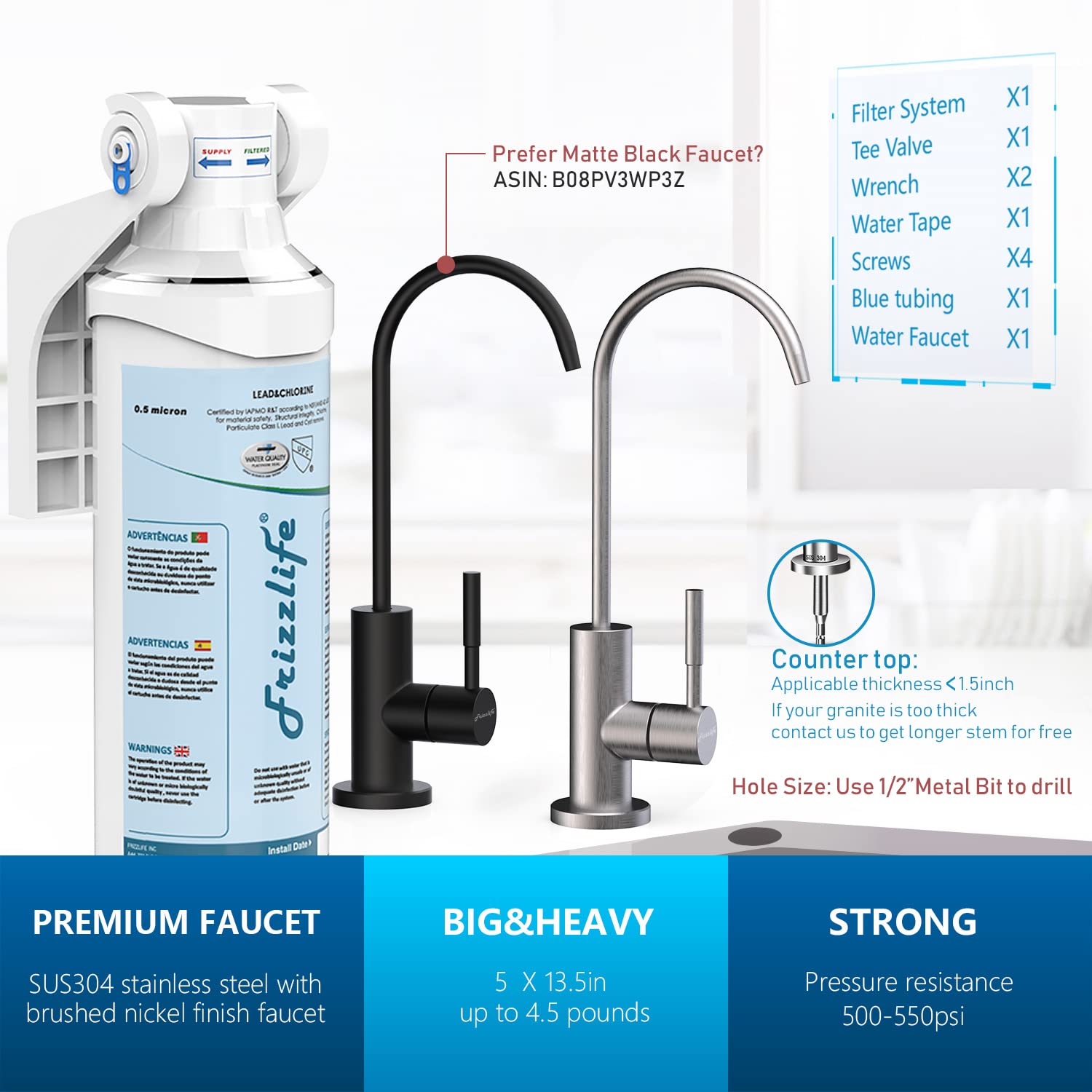 Frizzlife TW10 Under Sink Water Filter System, NSF/ANSI 53&42 Certified Elements, Reduce 99.99% Lead, Chlorine, Chloramine, Fluoride, Bad Taste & Odor, Direct Connect, 0.5 Micron, USA Tech Support