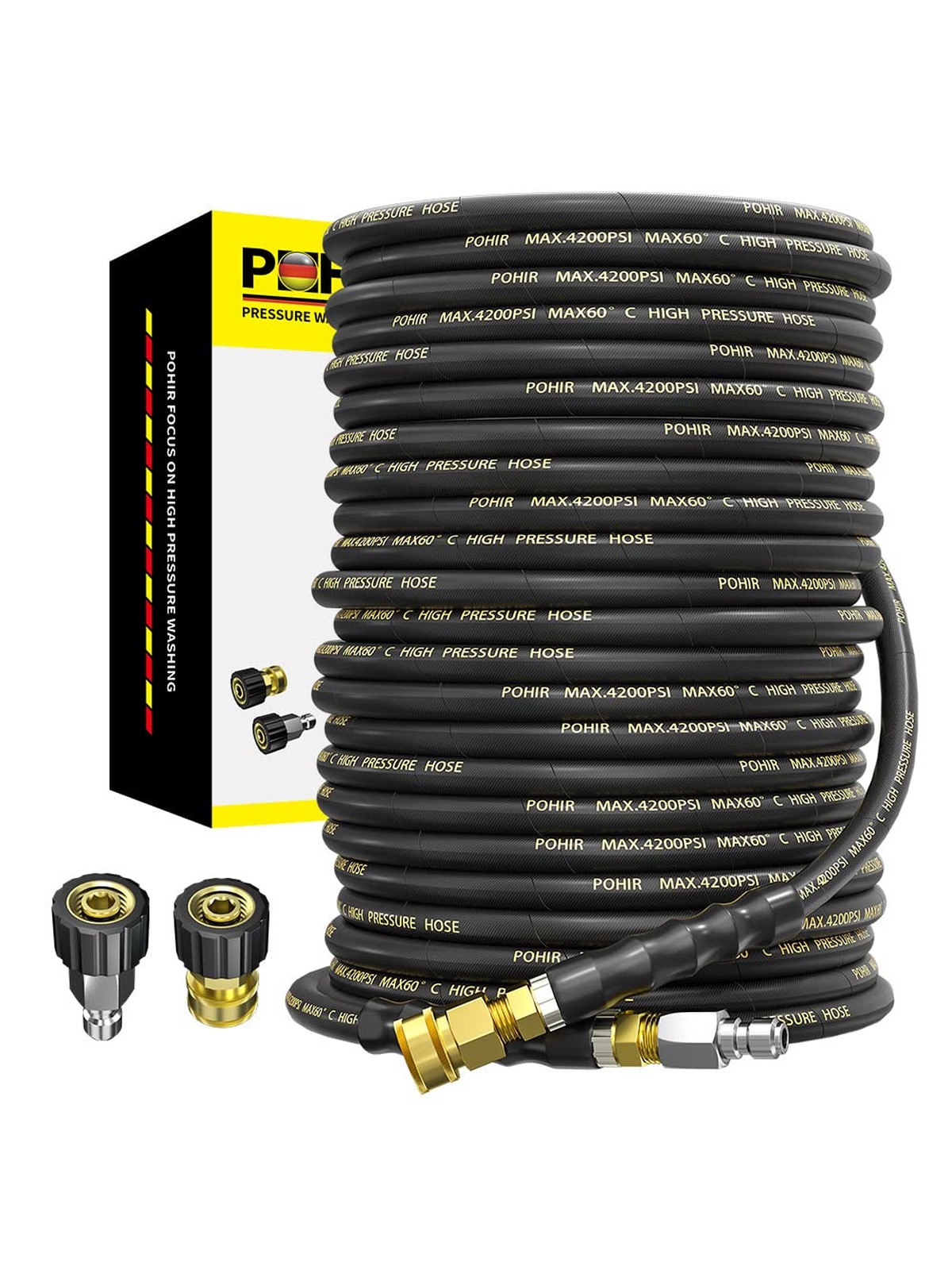 Power Washer Hose Hot Water 100FT 3/8'' High Tensile Wire Braided Car Wash Water Hose, with 2 Quick Connect Kits Compatible M22 14 mm, 1/4 Inch Hose for Pressure Washer, 4400 PSI