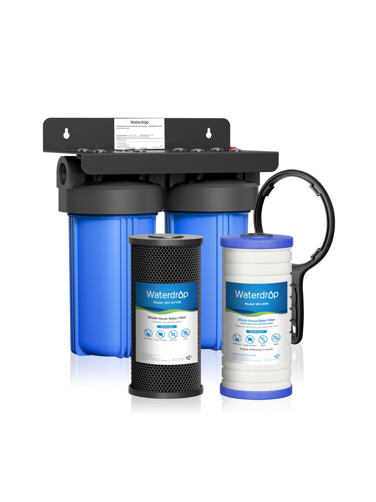 Waterdrop 2 Stage Whole House Water Filter System, with Carbon and Sediment Filter, Highly Reduce Lead, Chlorine, Heavy Metals, PFA, Taste, 5-Stage Filtration, WD-WHF21-PBL, 1" Inlet/Outlet