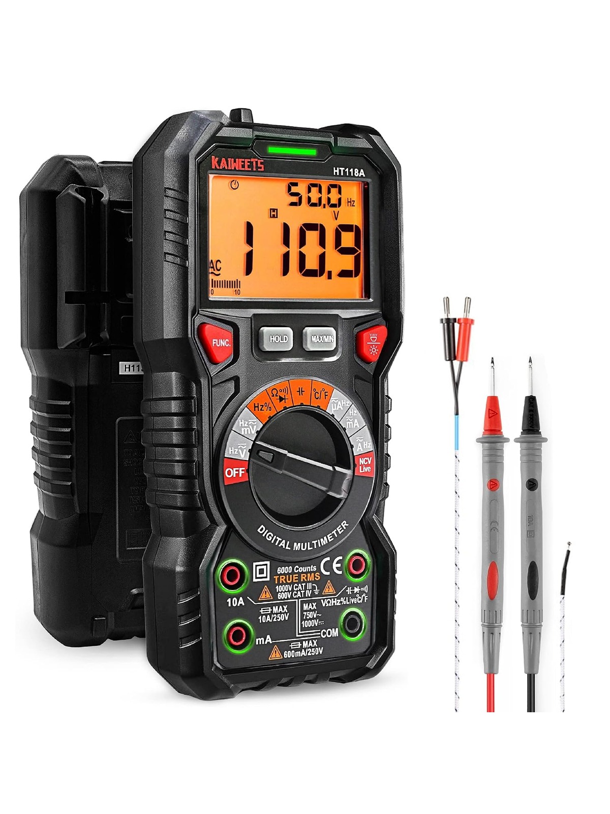 KAIWEETS Digital Multimeter TRMS 6000 Counts Ohmmeter Auto-Ranging Fast Accurately Measures Voltage Current Amp Resistance Diodes Continuity Duty-Cycle Capacitance Temperature for Automotive