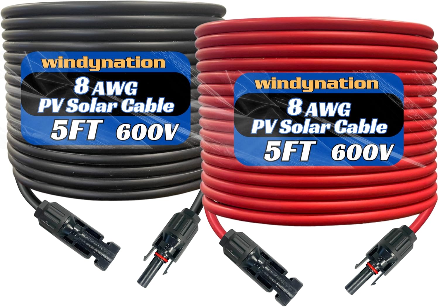 WindyNation 8 AWG 1 Pair 5 Feet Black + 5 Feet Red Solar Panel Extension Cable Wire MC4 Connector (Variety of Lengths Available)