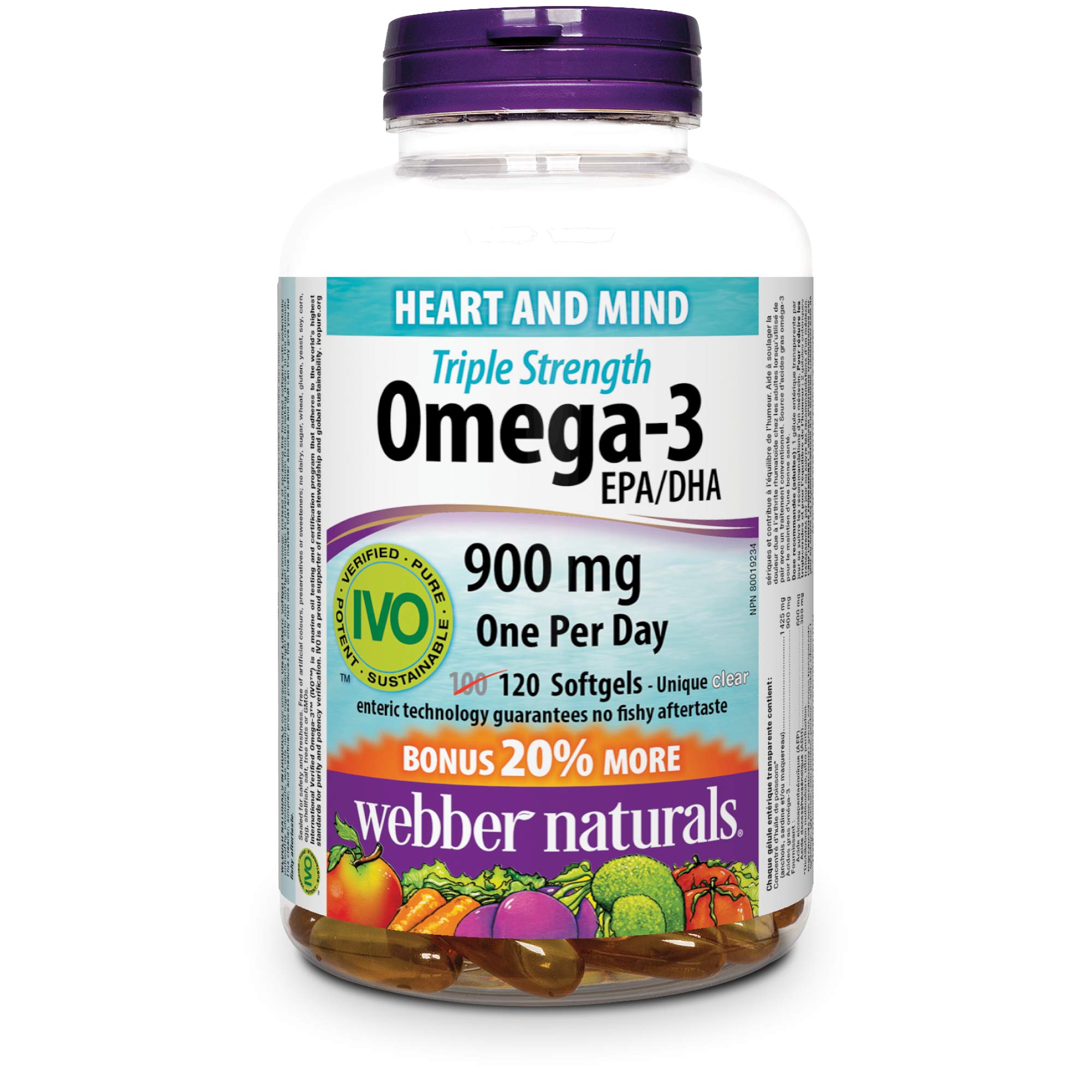 Webber Naturals Omega-3, Triple Strength, Value Size, Clear Enteric Softgel, 900 mg (600 EPA, 300 DHA), 120-Count