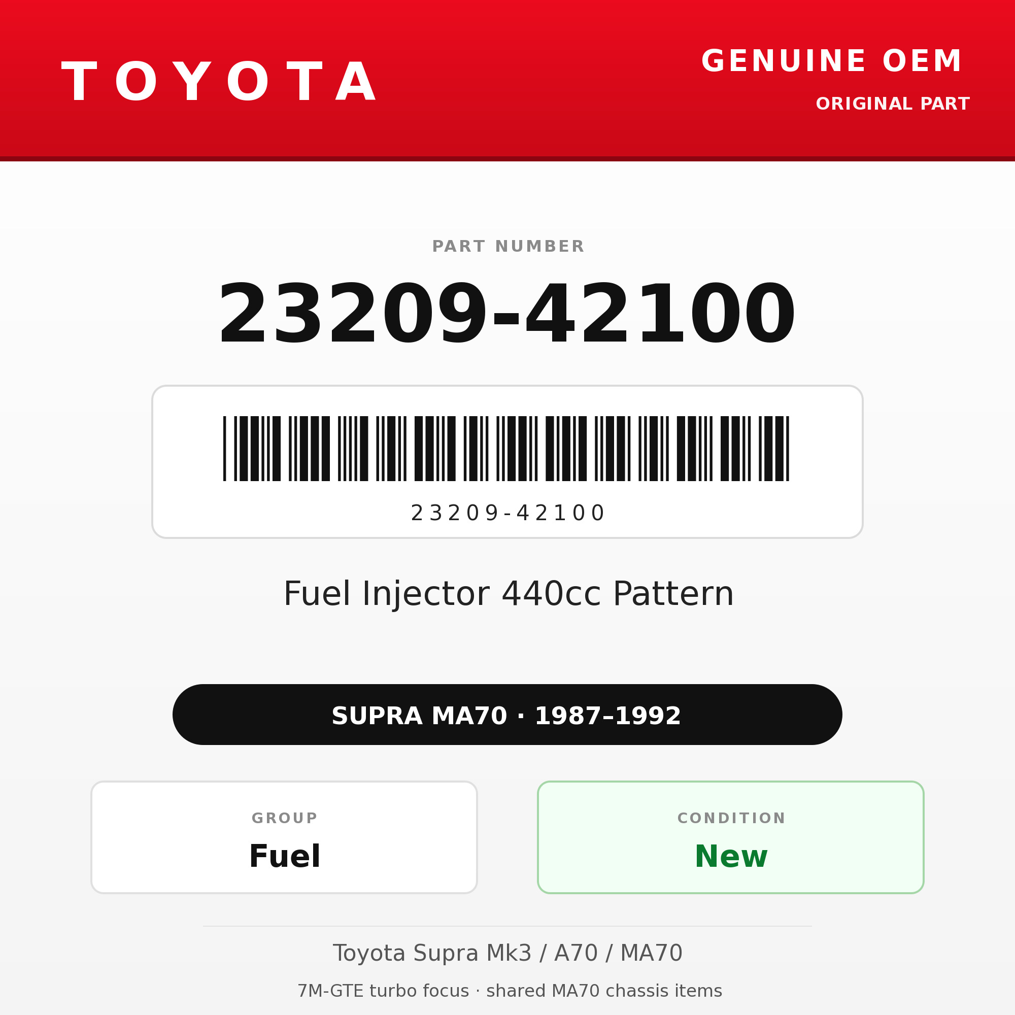 Genuine Toyota OEM 23209-42100 - Fuel Injector 440cc Pattern 7M-GTE (each) (87-92 Supra)