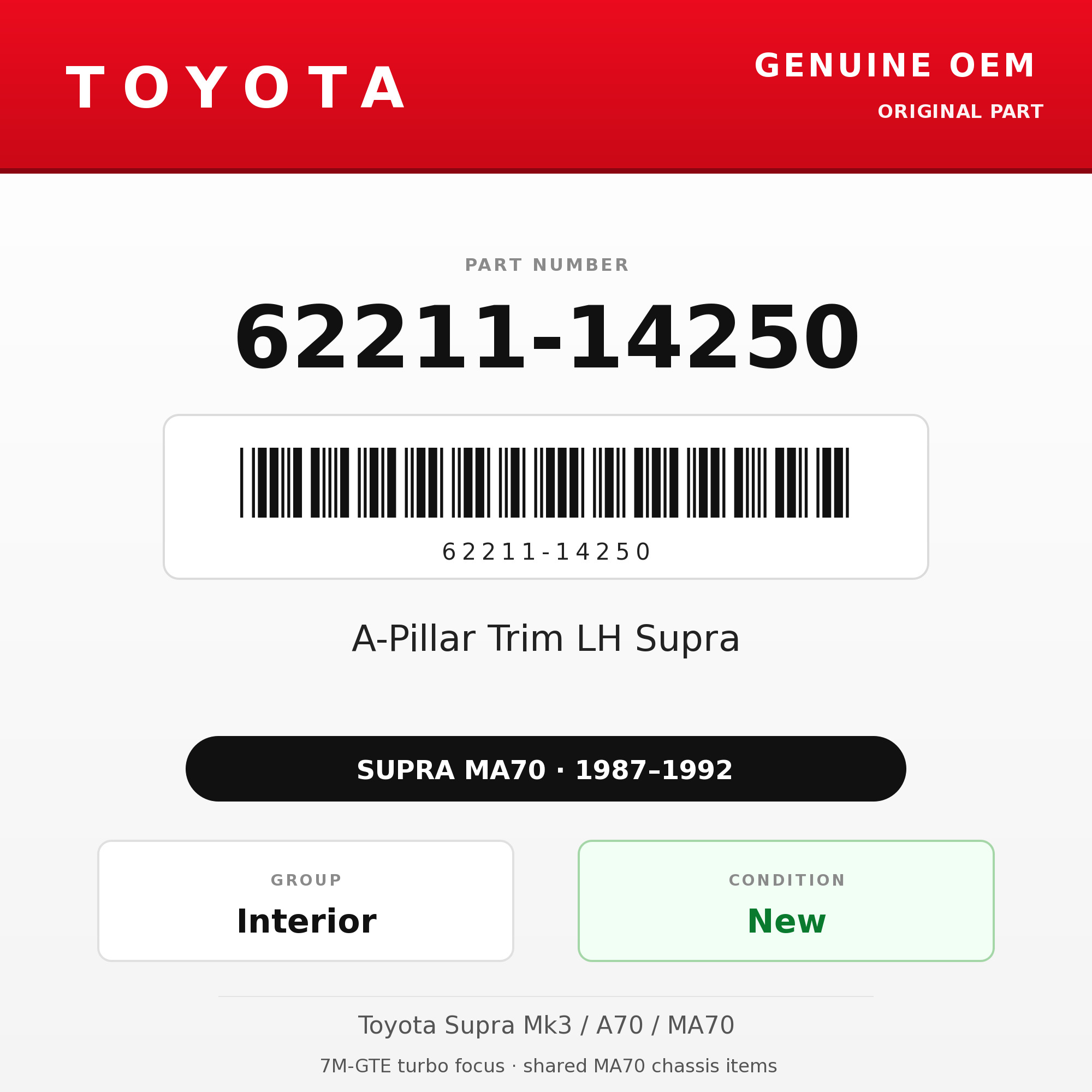 Genuine Toyota OEM 62211-14250 - A-Pillar Trim LH Supra (87-92 Supra)