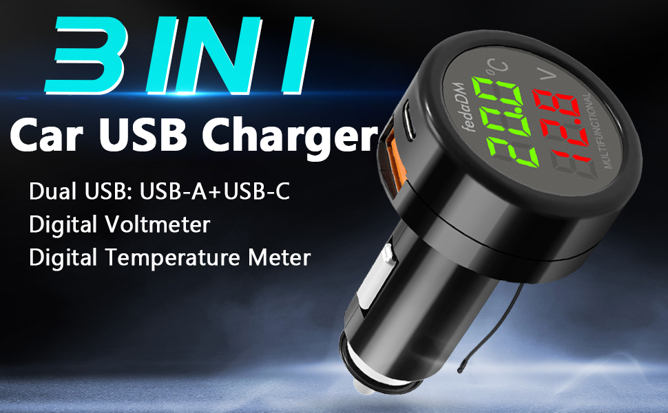 4-in-1 QC 3.0 Dual USB Car Charger, Battery Voltage Meter, Current Monitor, Emergency Safety Hammer Window Glass Breaker, Ammeter Voltmeter Gauge, 12V 24V Cigarette Lighter Socket Fast Charging